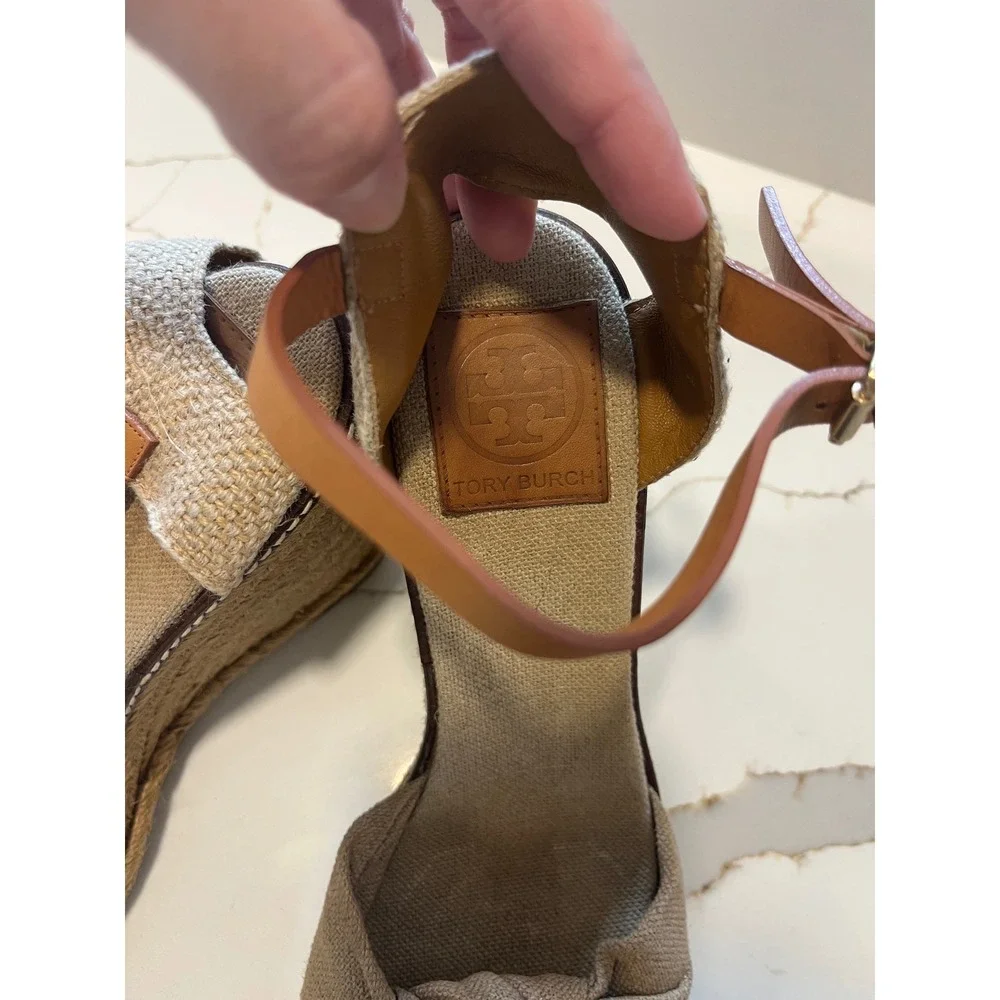 Tory Burch Beige Canvas Espadrille Wedge Sandals Tan Leather Ankle Strap Size 9B